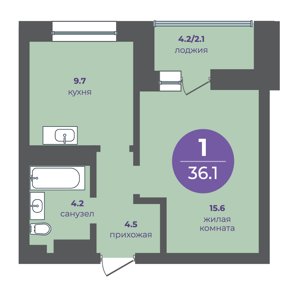Планировка 1-ком. №187, Перемены, Дом №4